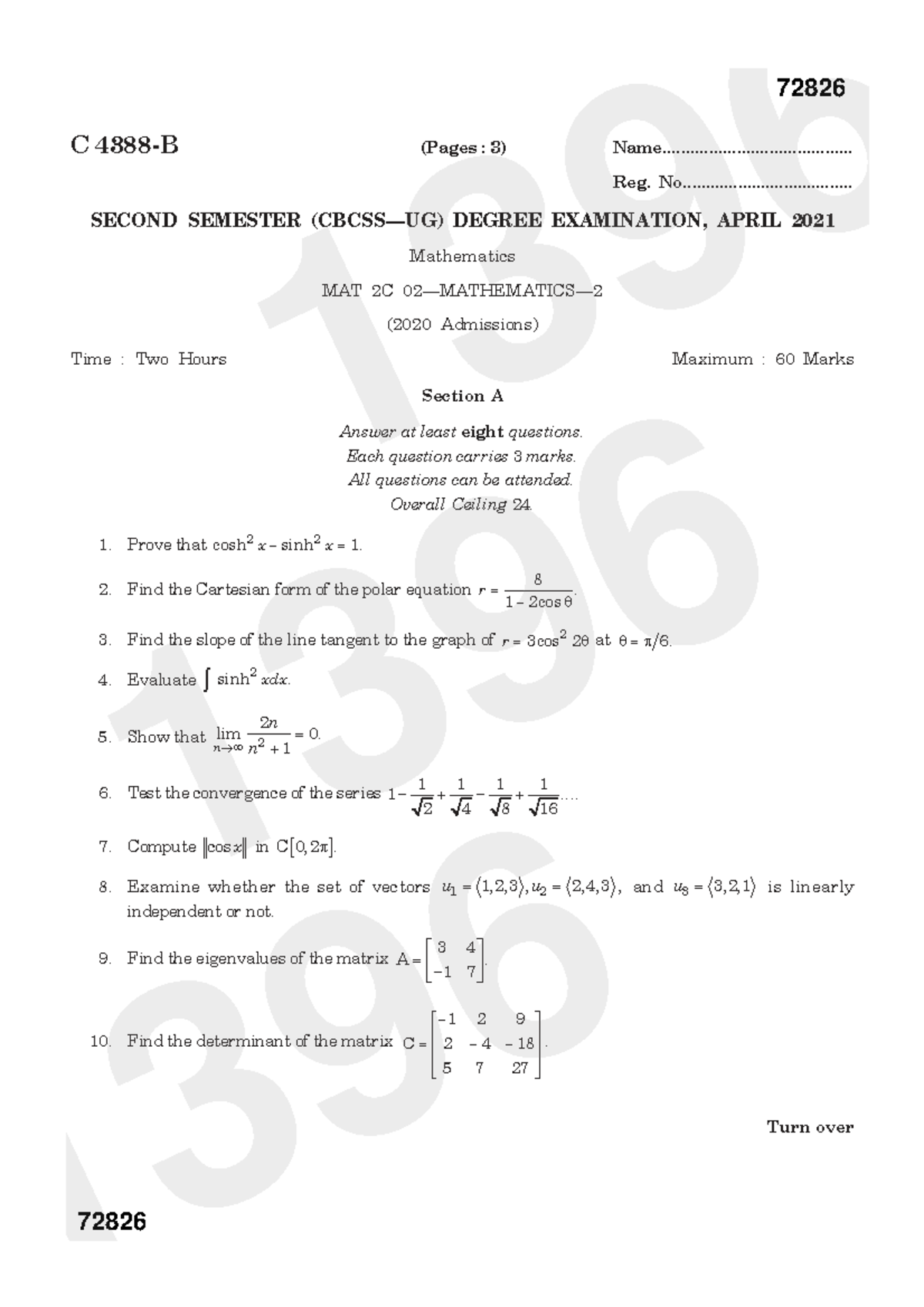 2021 MAT 2C Final Exam Mathematics II - Second Semester - Studocu