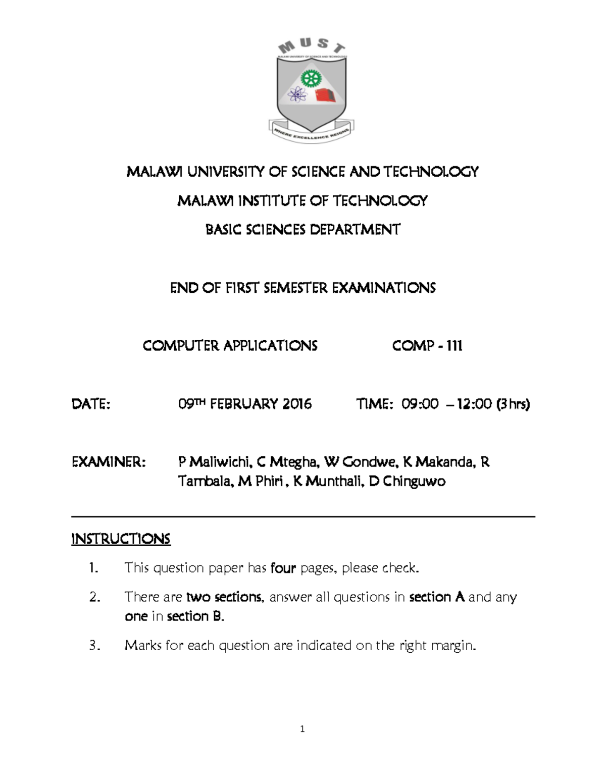 COMP 111 End of First Semester Exam Sample Paper - Studocu