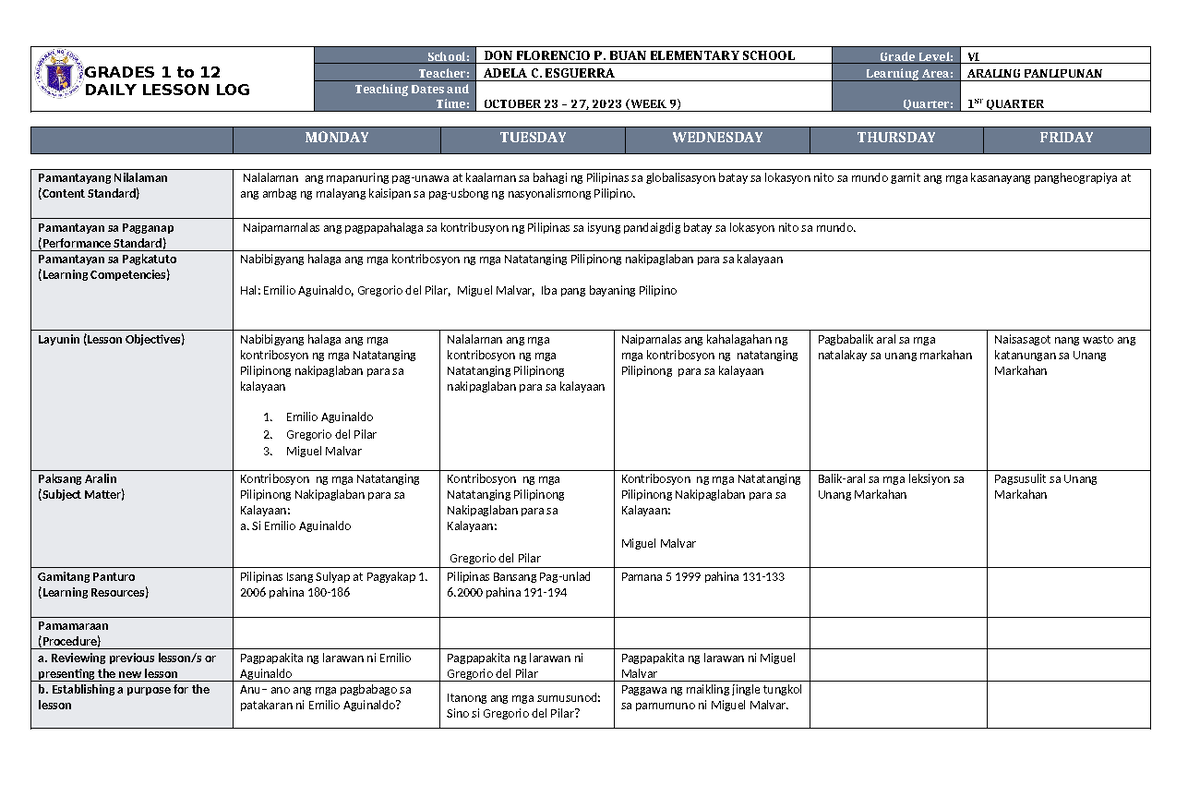 DLL Araling Panlipunan 6 Q1 W9 - GRADES 1 to 12 DAILY LESSON LOG School ...