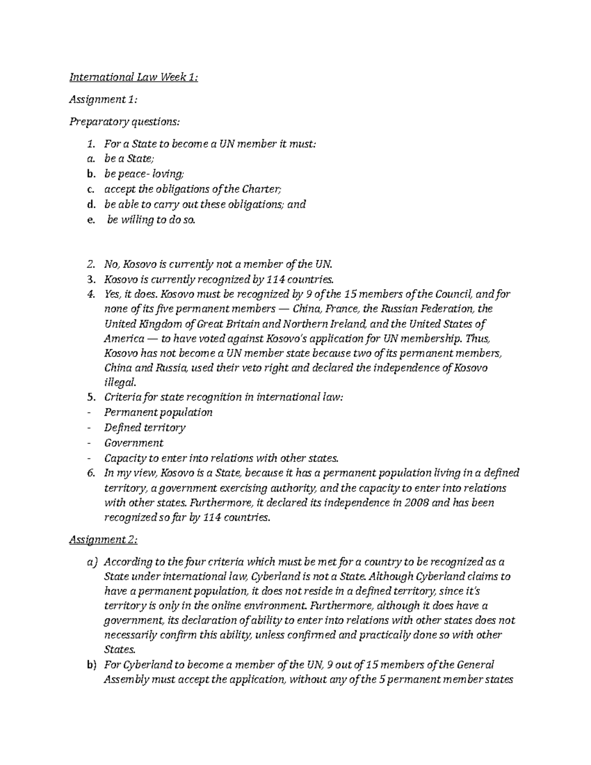 INTL 101: International Law Week 1 Assignments Overview - Studeersnel