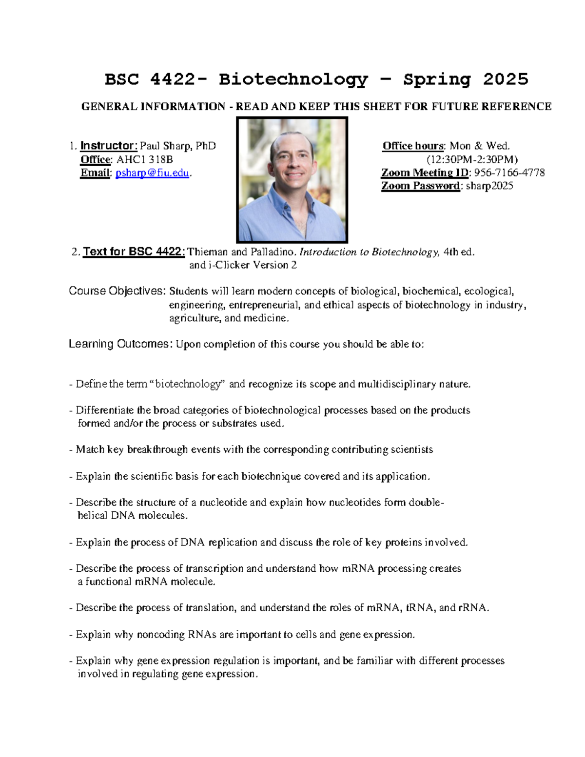 BSC 4422 Biotechnology Spring 2025 Syllabus & Exam Information - Studocu