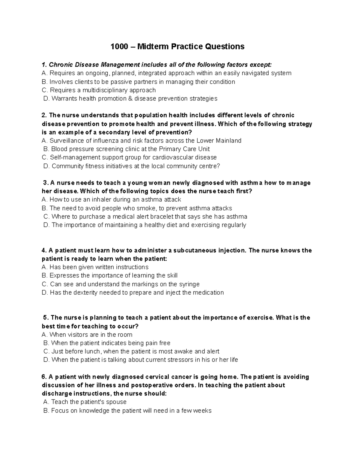 NURS 1000 - Midterm Practice Questions on Chronic Disease Management ...