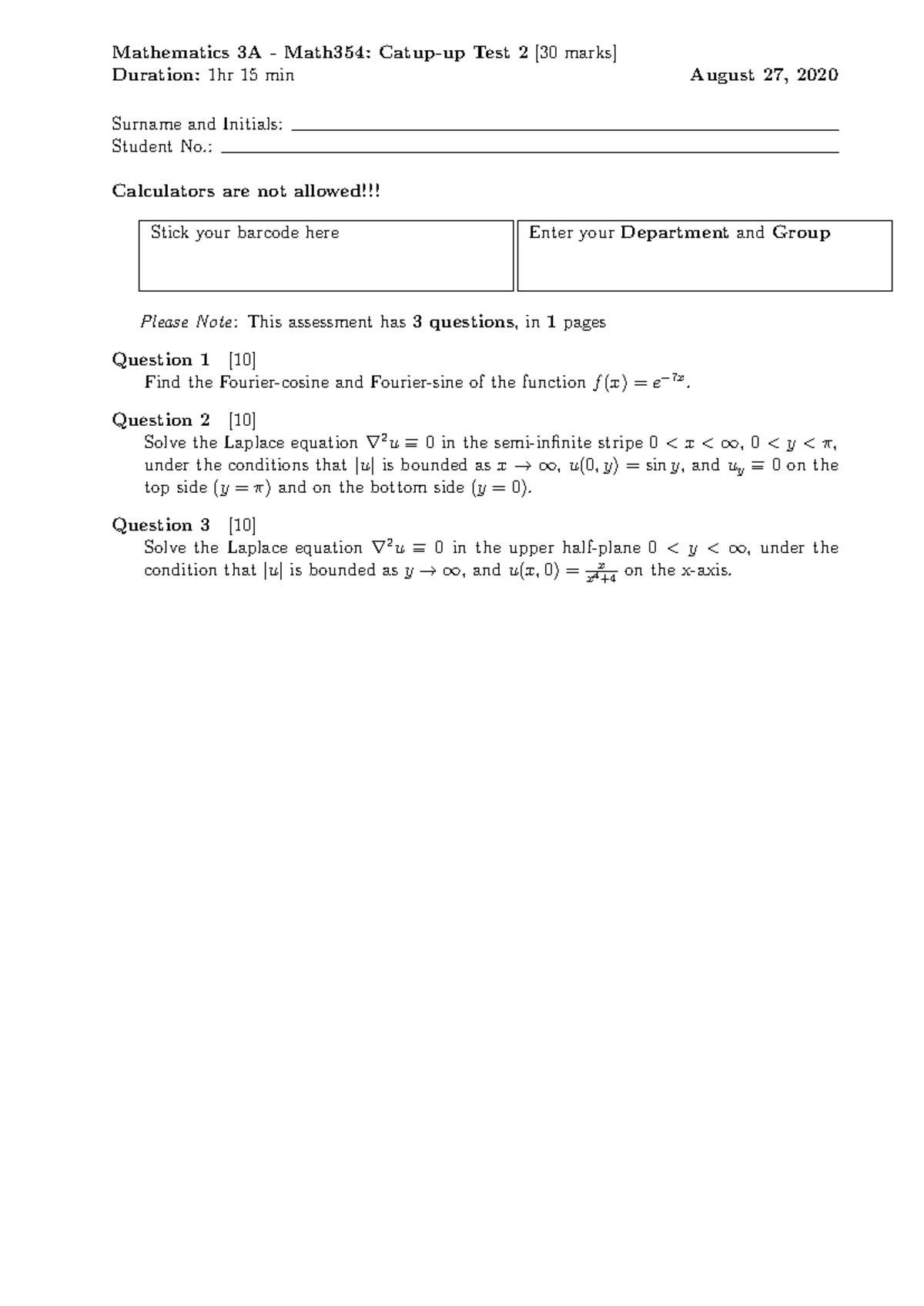 Math354 Test August 27 2020 Catch up - Mathematics 3A - Math354: Catup ...