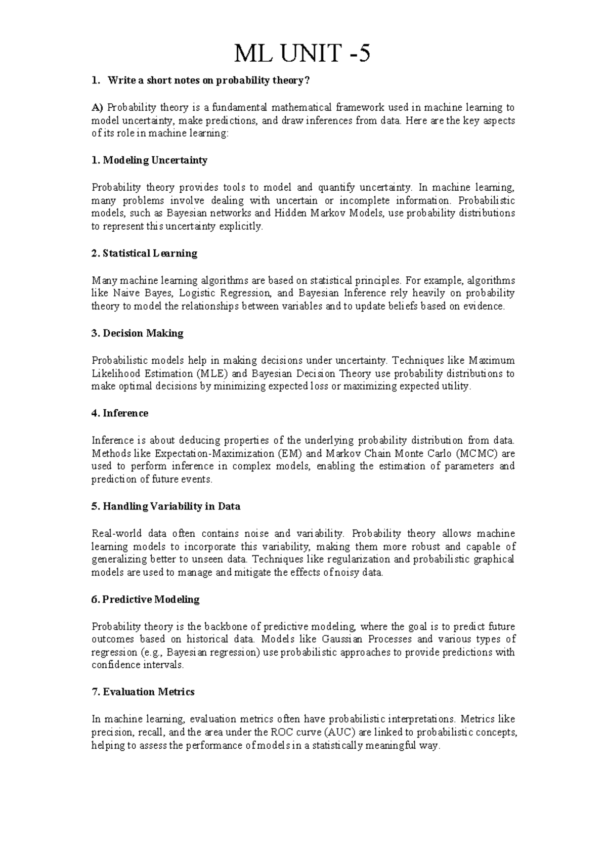 ML UNIT 5: Key Concepts and Answers in Probability Theory and ...