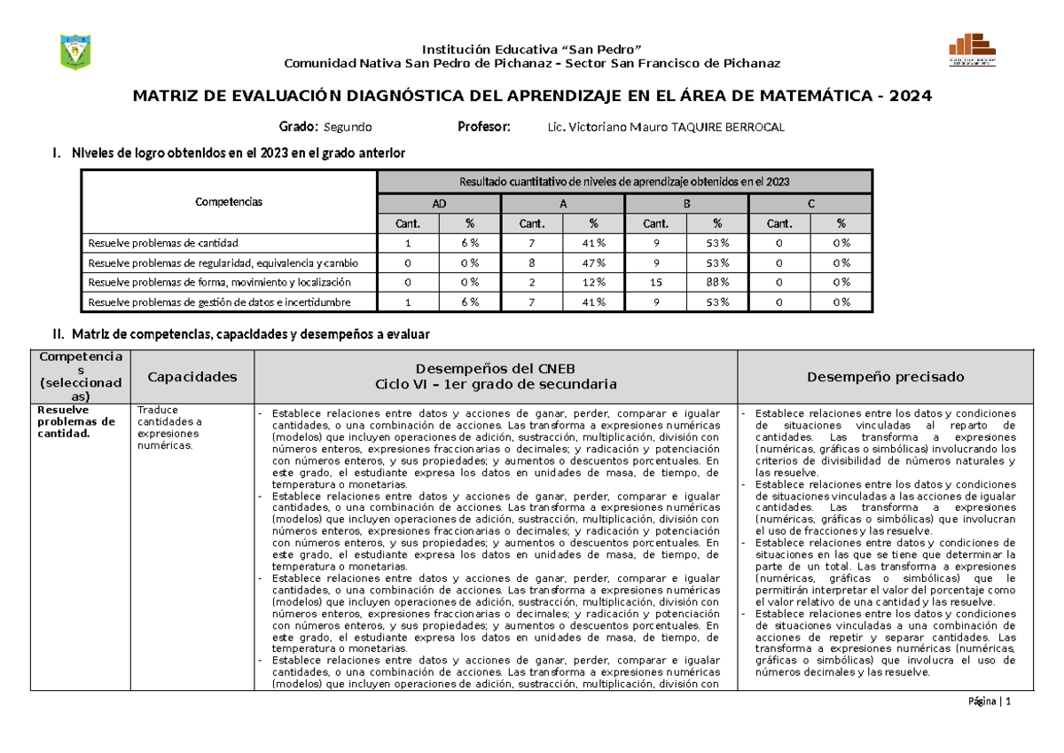 Matriz Evaluación Diagnóstica Matemáticas - 2do Grado 2024 - Document Preview