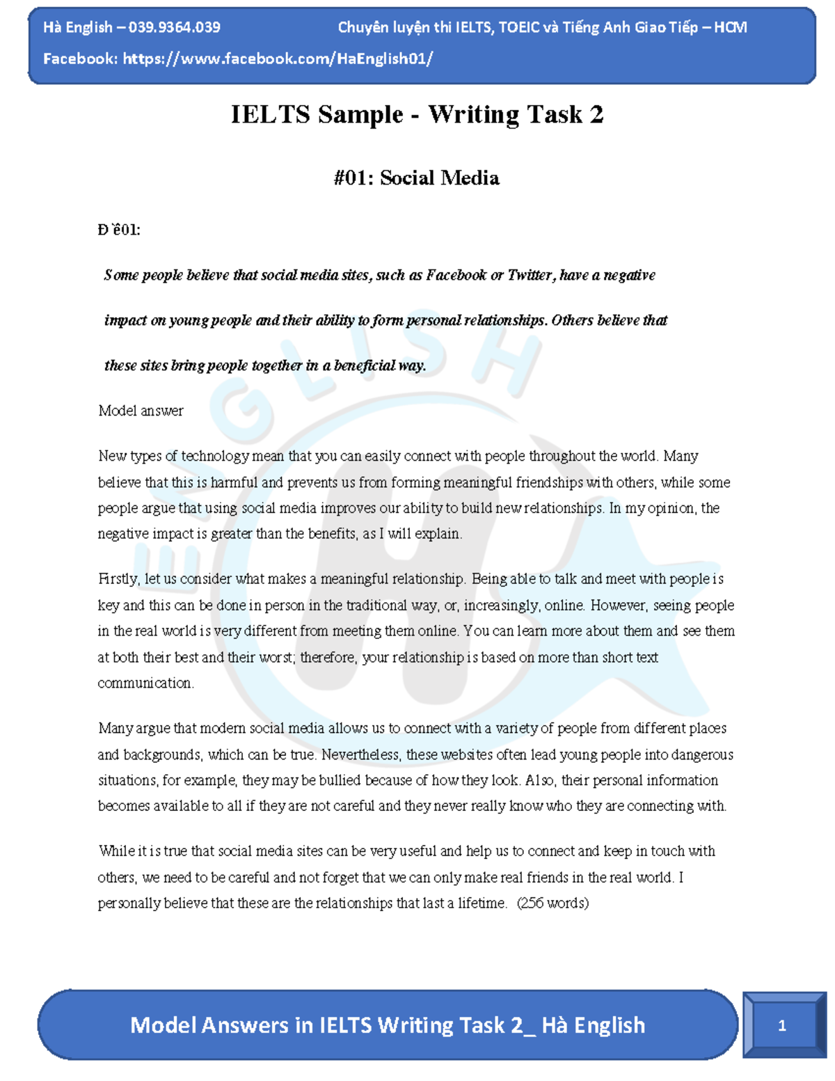 IELTS Writing Task 2 Sample Answers - Hà English - Studocu