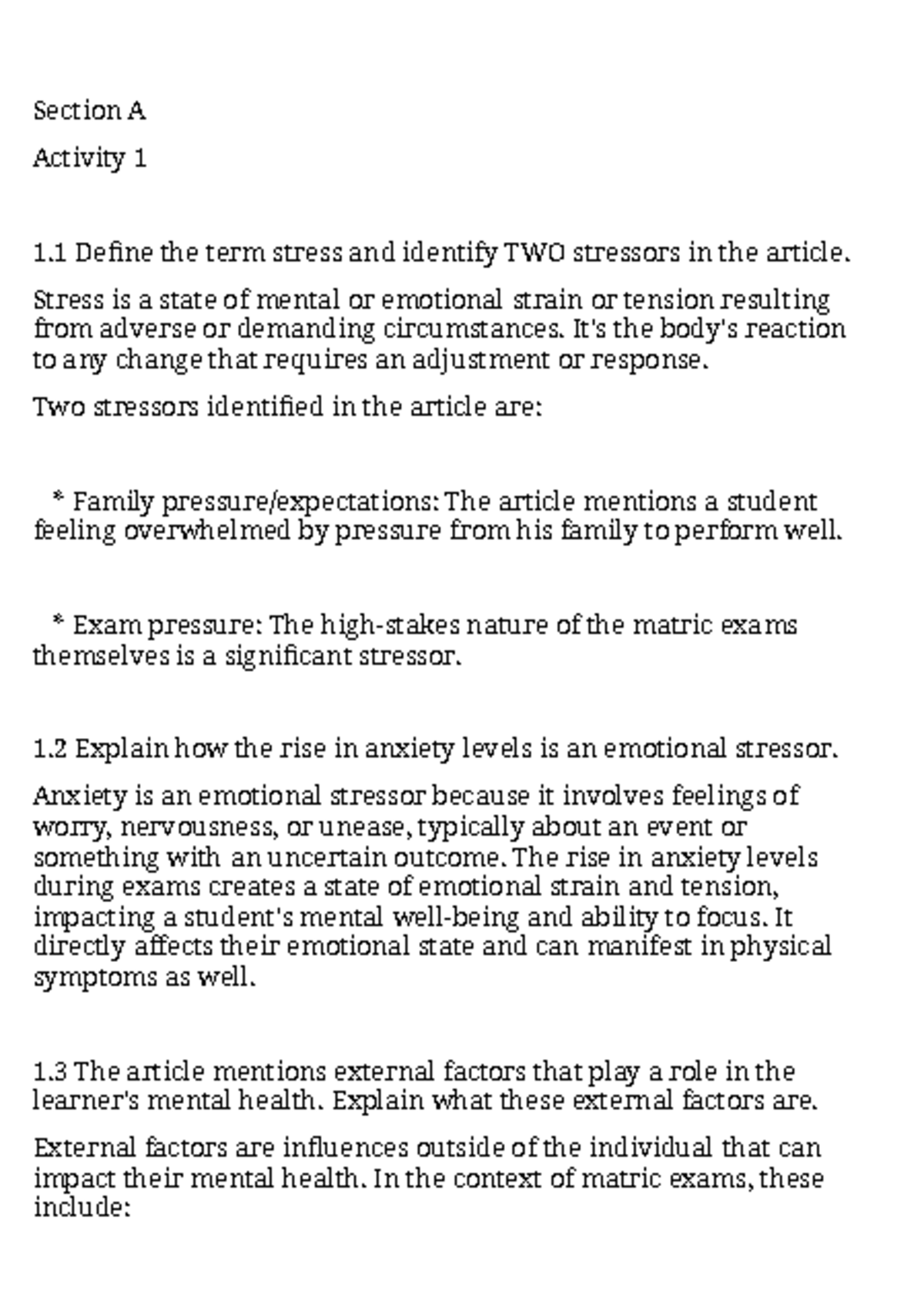 LO Assignment Section A: Understanding Stress and Transition for Matric ...