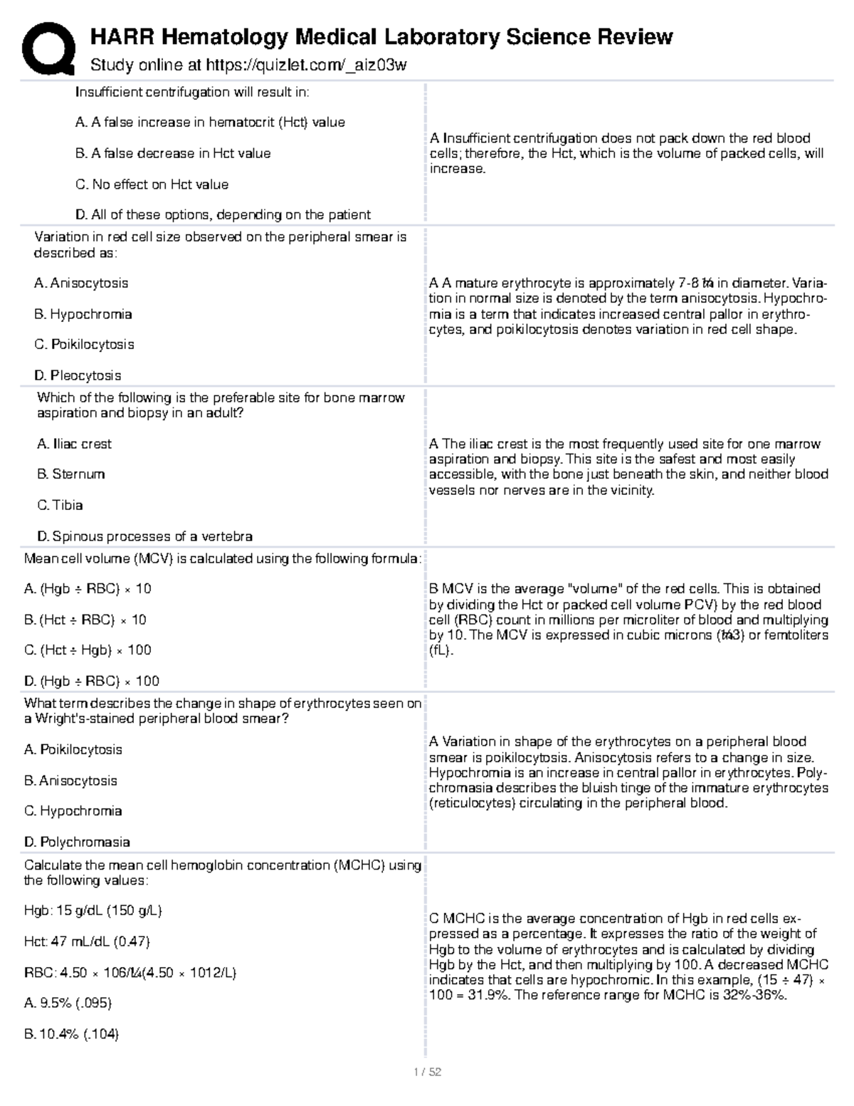 HARR Hematology Final Exam Questionnaires - Studocu