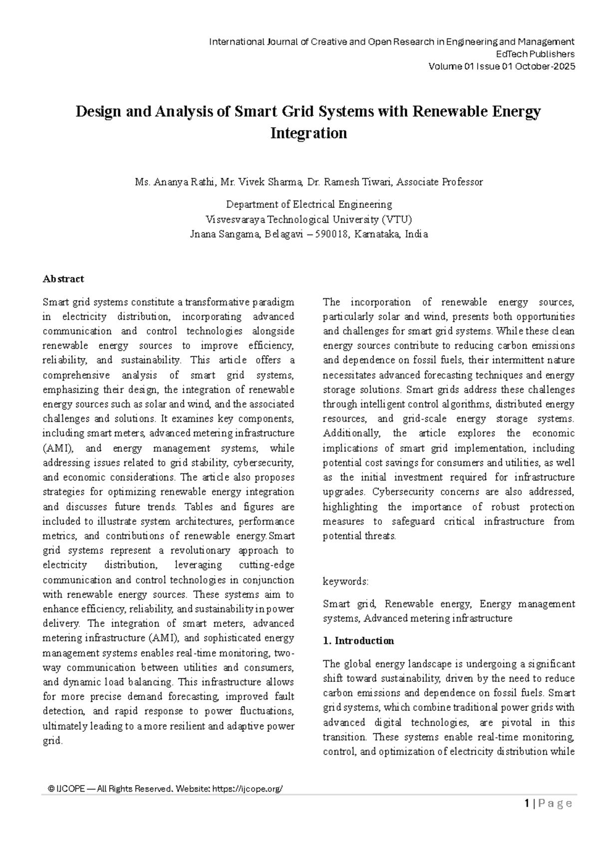 Design and Analysis of Smart Grid Systems with Renewable Energy ...