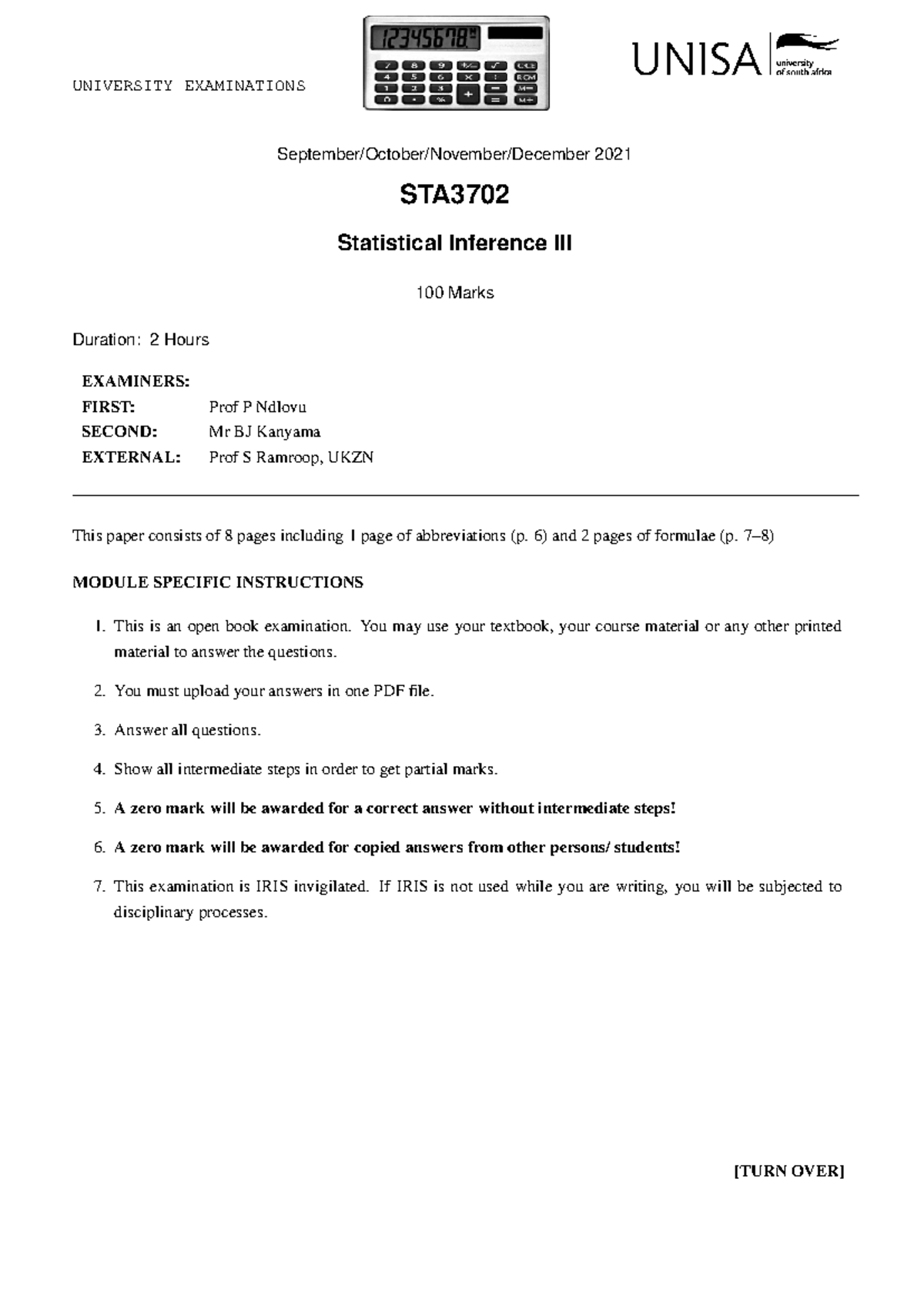 STA3702 Statistical Inference III Final Exam SEP/OCT/NOV/DEC 2021 - Studocu