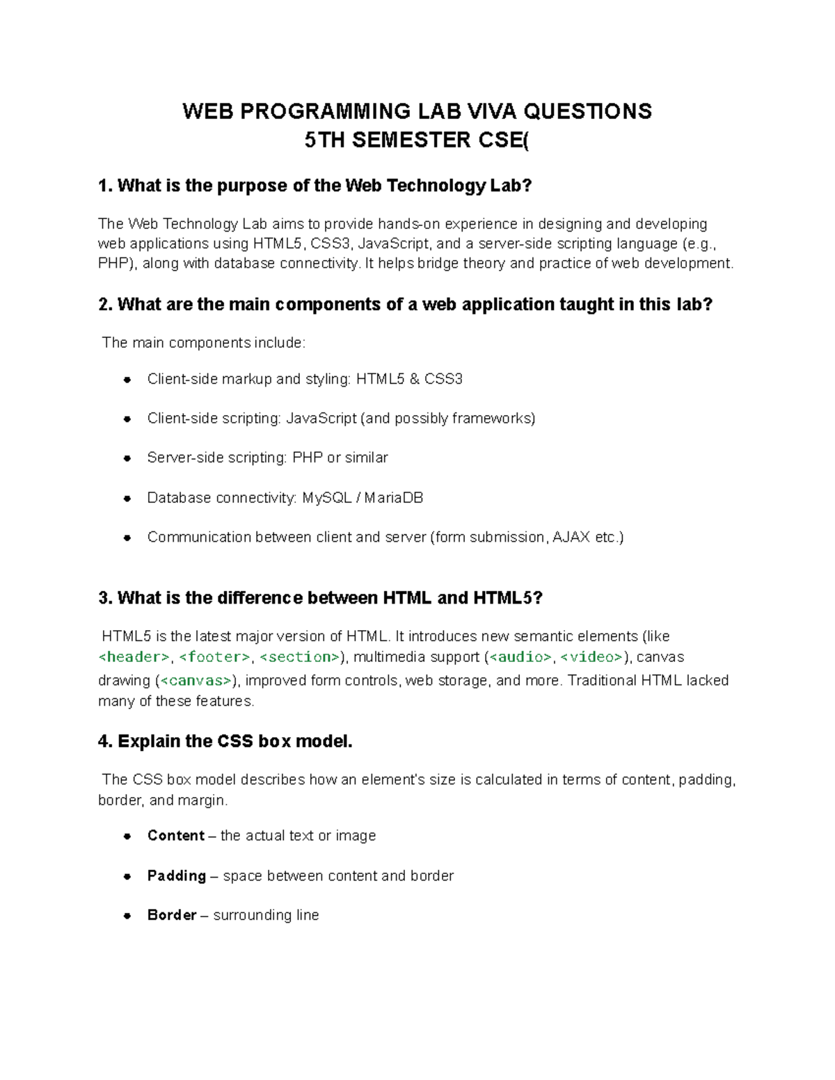 WEB PROGRAMMING LAB VIVA QUESTIONS - 5TH SEM CSE - Studocu