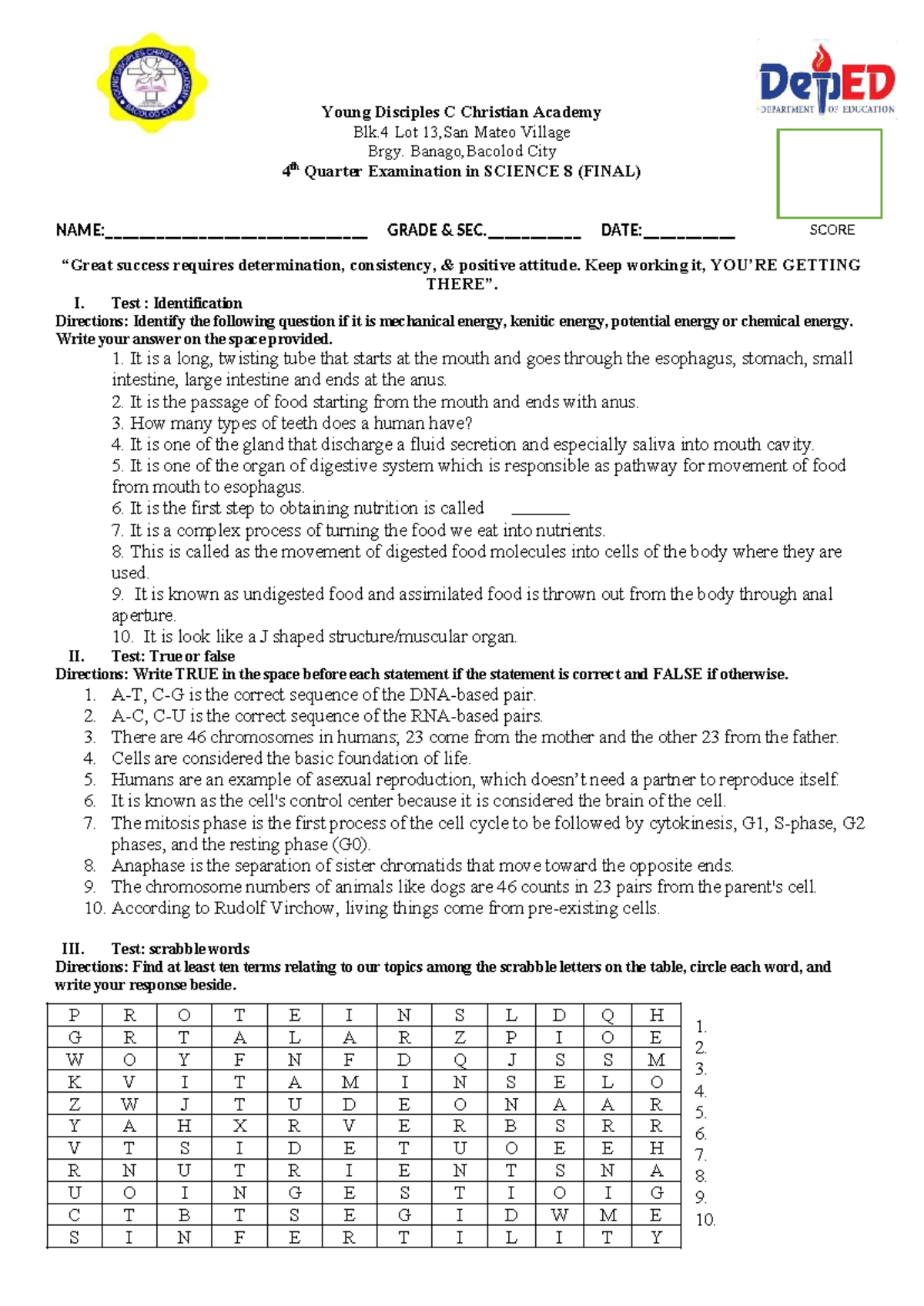 Science 8 (FINAL) 4th Quarter Exam Review and Test Questions - Studocu