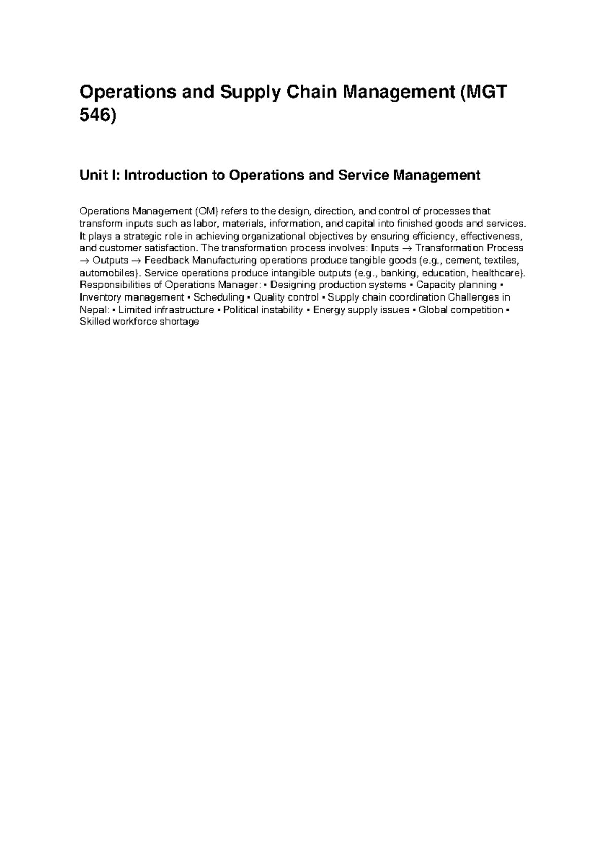 Operations and Supply Chain Management (MGT 546) Detailed Study Notes ...