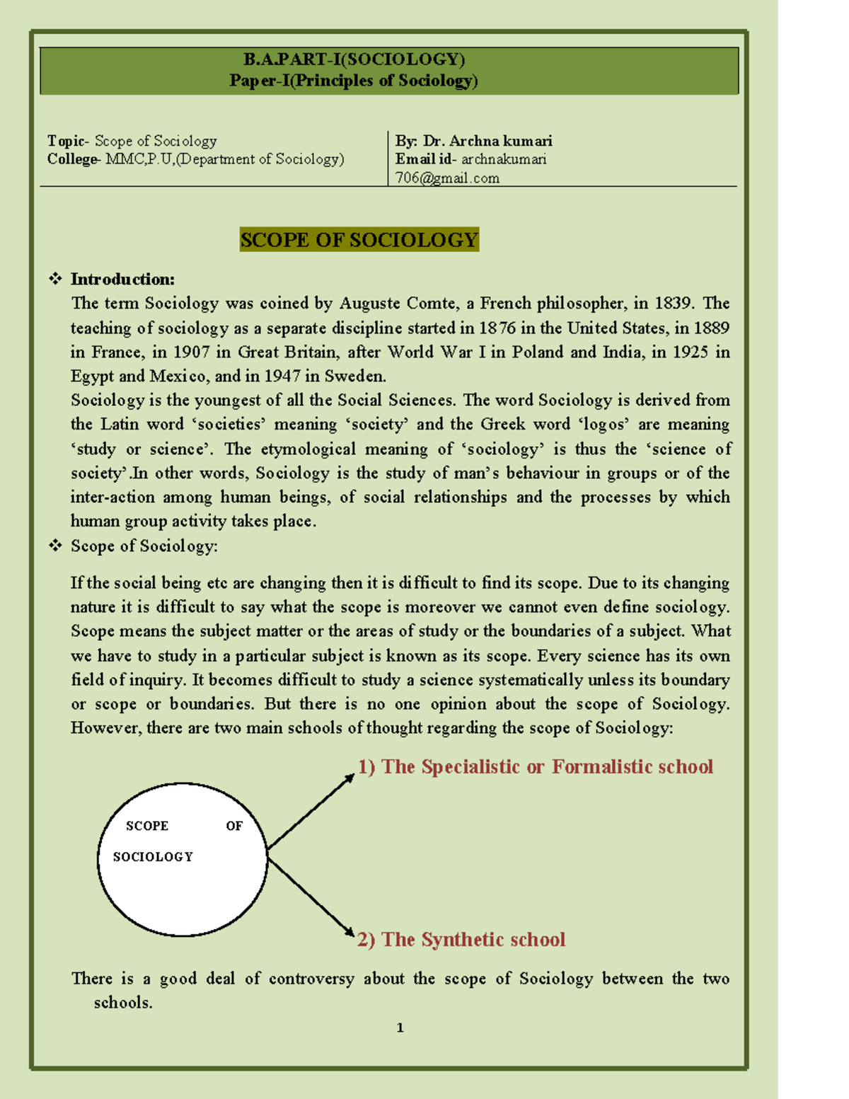 Scope of Sociology - B.A. Part-I Lecture Notes - Studocu