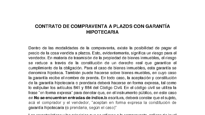 Contrato de Compraventa a Plazos con Garantía Hipotecaria - Studocu