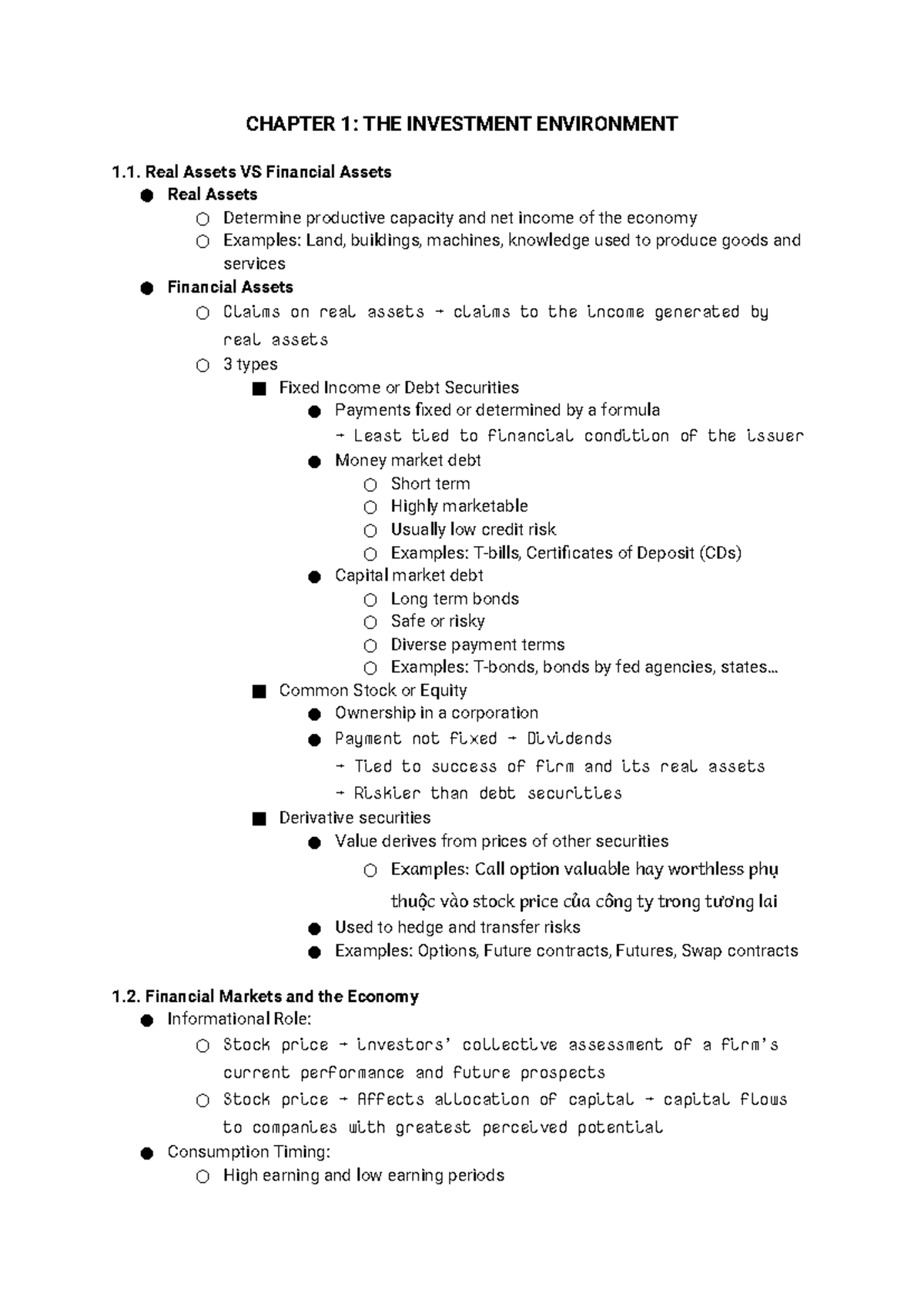 CHAPTER 1: THE INVESTMENT ENVIRONMENT - Study Notes for FIN 101 - Studocu