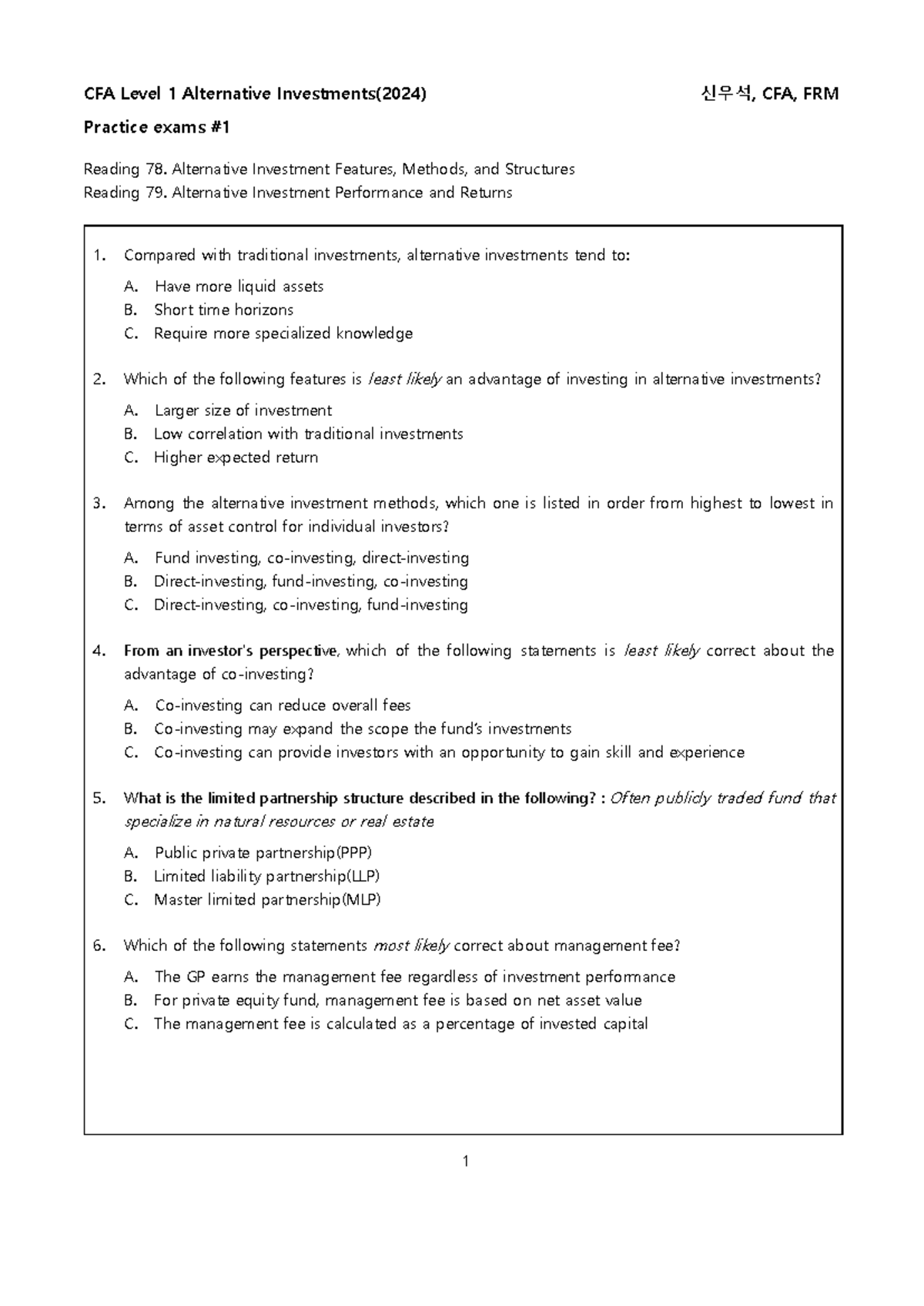 CFA Level 1 Alternative Investments Practice Exam 1 Review Guide - Studocu