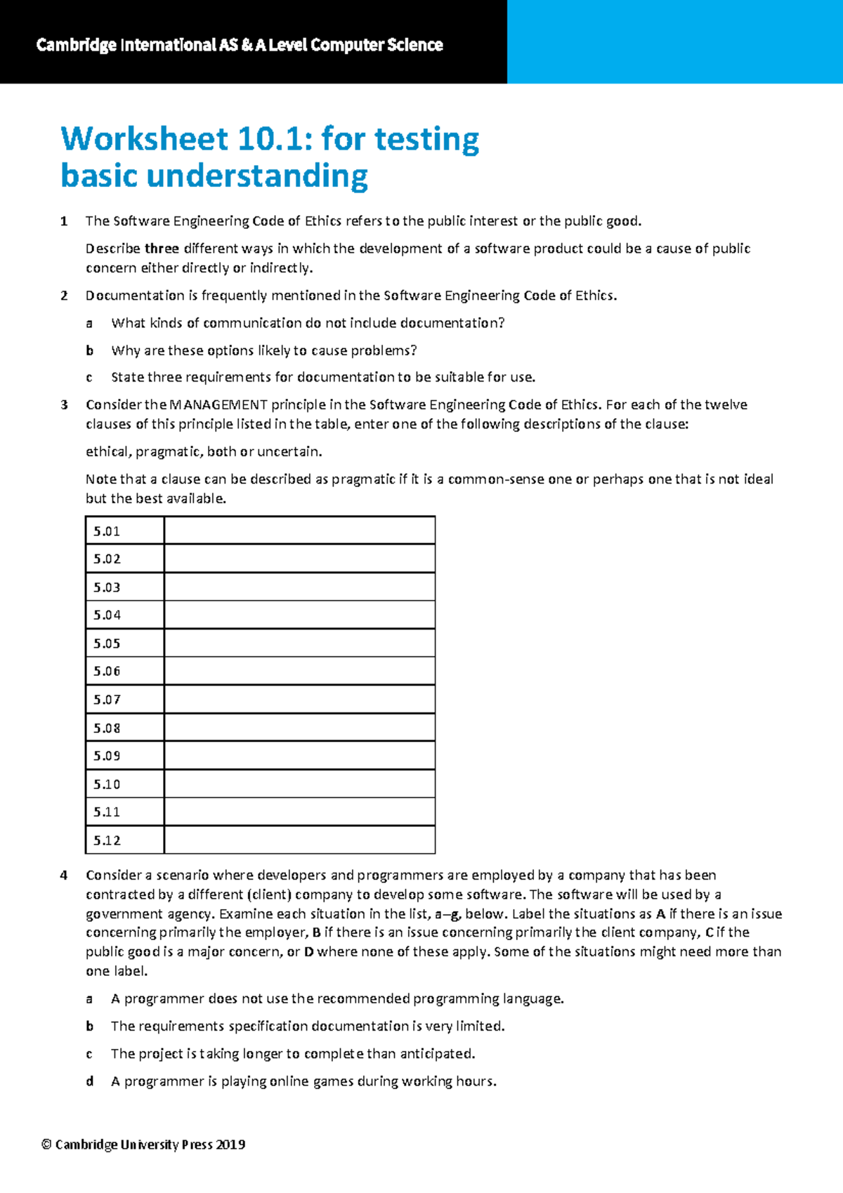 Worksheet 10: Software Engineering Ethics & Public Concerns - Studocu