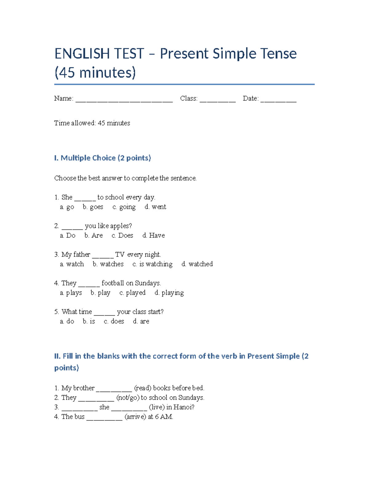 ENGLISH 101: Present Simple Test (45 Minutes) - Studocu