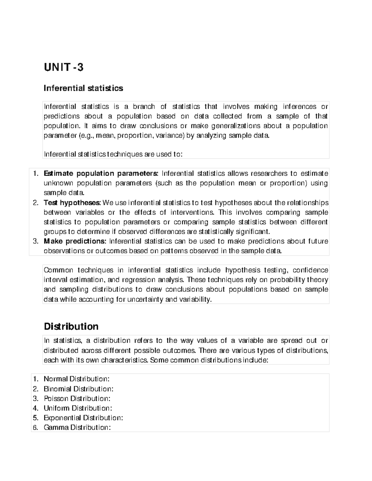 UNIT 3 Notes: Inferential Statistics & Distributions Overview - Studocu