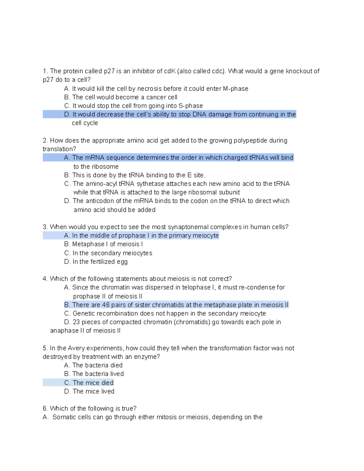 BIO 201 Exam 3 Lecture 29-31 Practice Questions & Answers - Studocu
