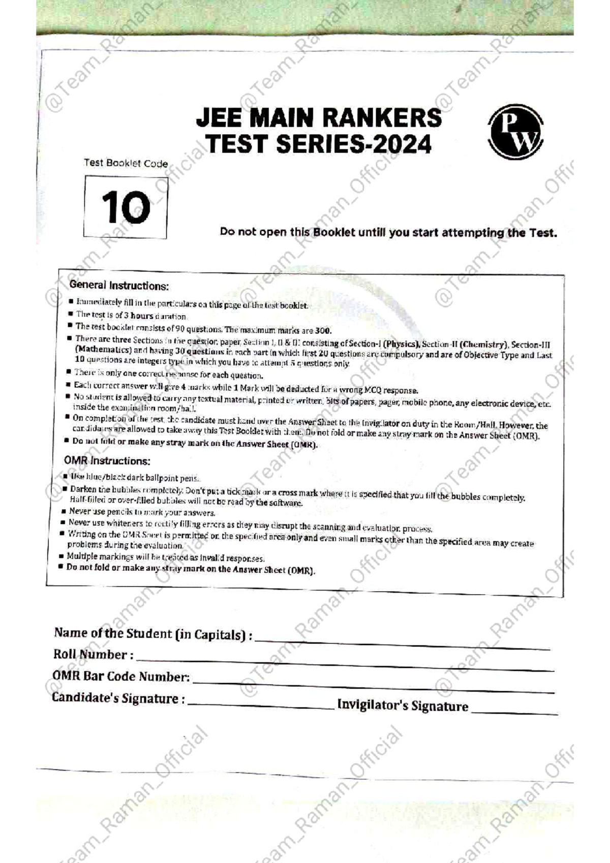 Test Paper 10 Jmrts 2024 - JEE MAIN RANKERS TEST PW Test Booklet Code ...