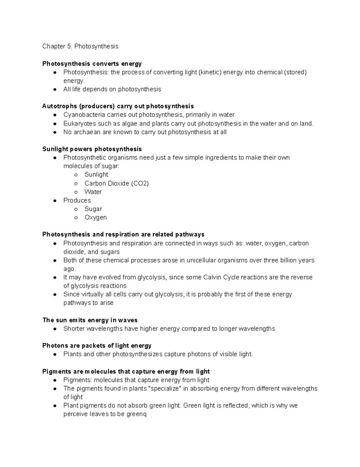 MB Chapter 5 notes - Chapter 5: Photosynthesis Photosynthesis converts ...