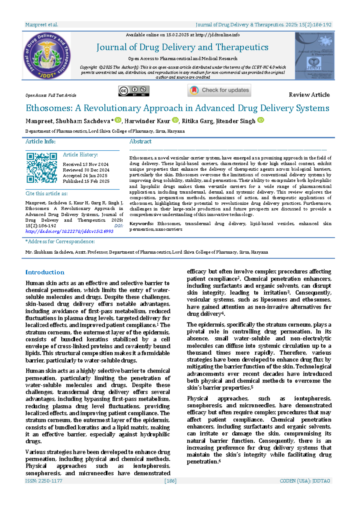 Ethosomes: Innovations in Advanced Drug Delivery Systems (JDDT 15:186 ...