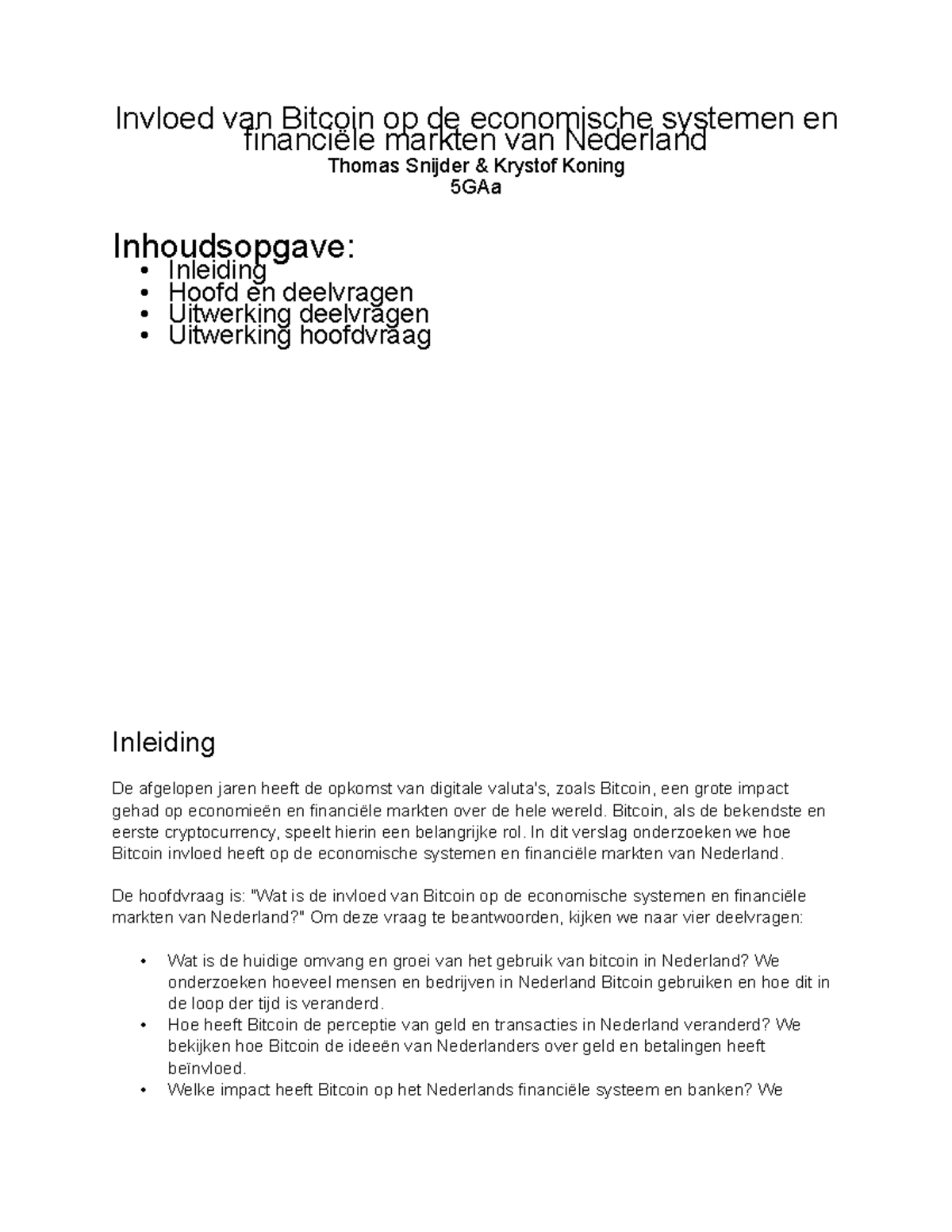 Eco Verslag: Impact van Bitcoin op Nederlandse Economie en Financiën (5GAa)  - Studeersnel
