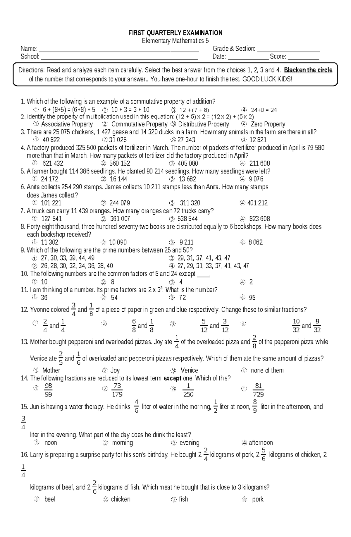 PT MATH 5 Q1 - First Quarterly Examination Review Guide - Studocu