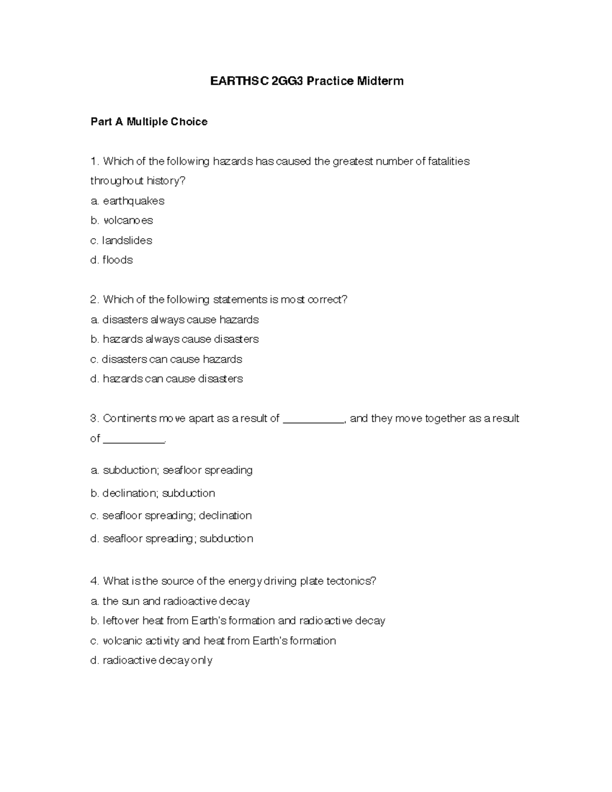 2GG3 Practice Midterm Exam: Earth Science Multiple Choice Questions ...