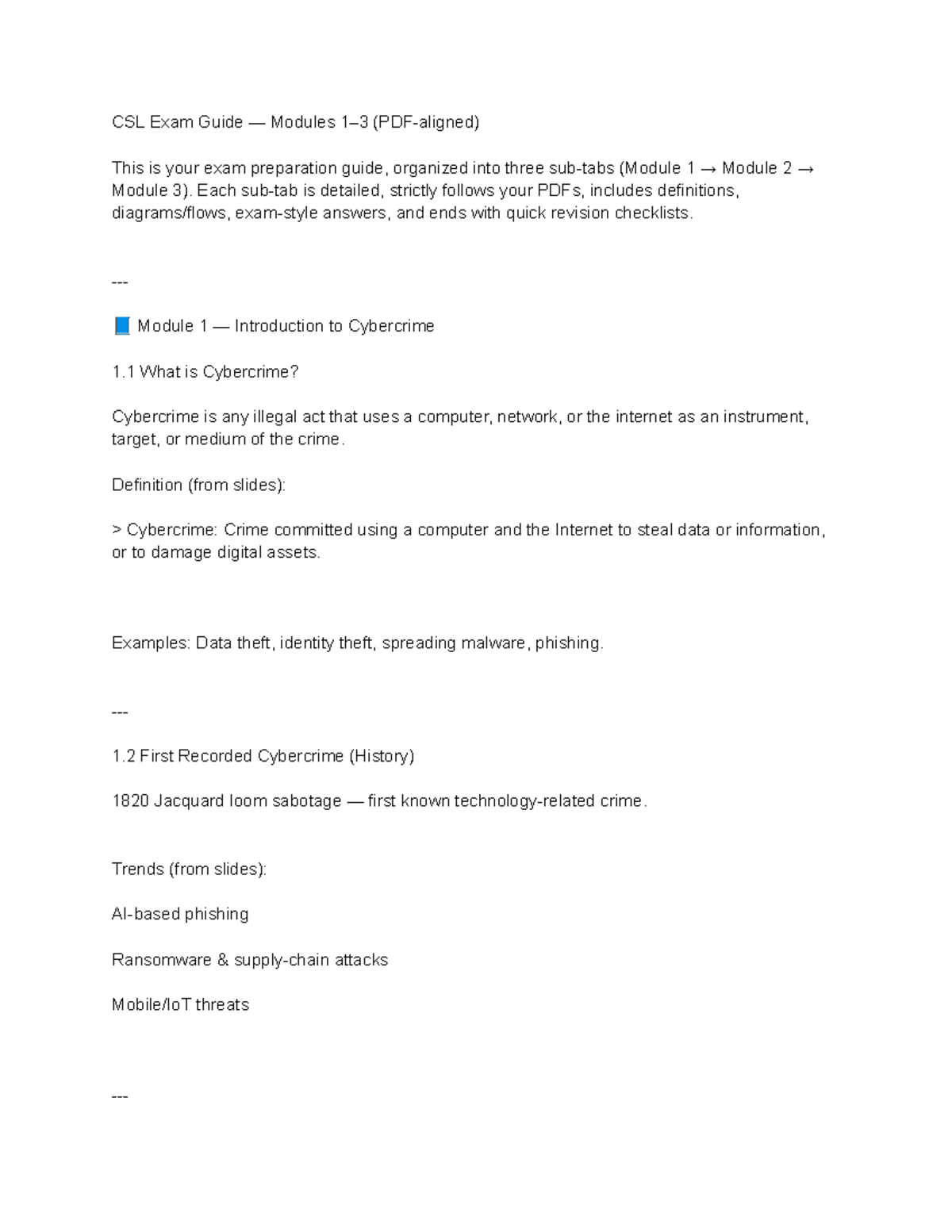 CSL DDD Exam Prep Guide: Cybercrime Modules 1-3 Overview - Studocu