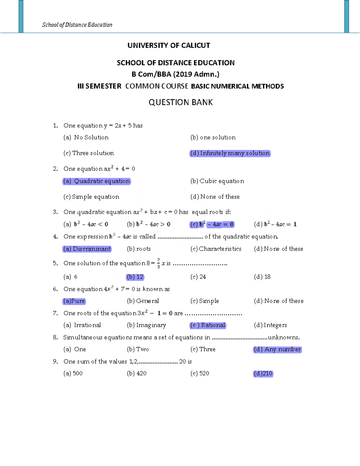 Basic Numerical Methods Question Bank for BCOM/BBA Students - Studocu