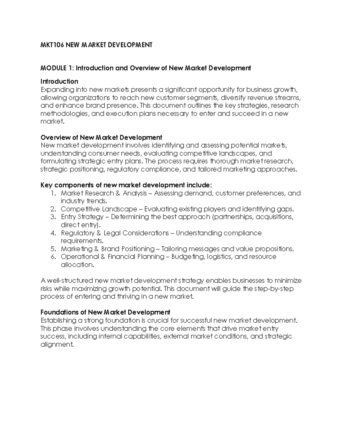New Market Development Strategies & Insights: MKT106 Chapters 1-4 - Studocu