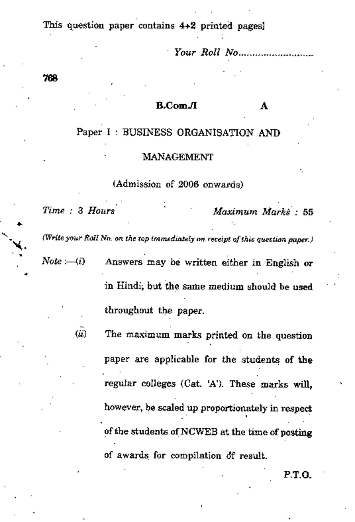 B.COM.-I Paper I: Business Organisation & Management Question Paper ...