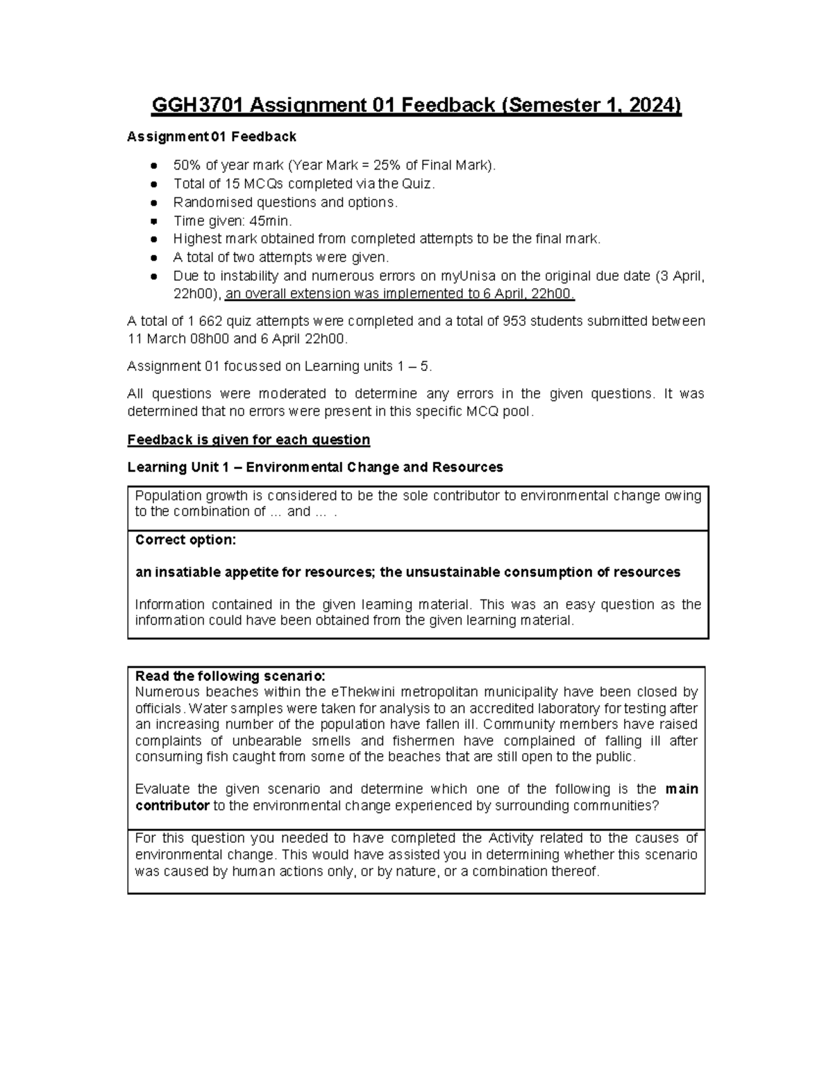 GGH3701 - S1 Assignment 01 Feedback Summary and Insights - Studocu