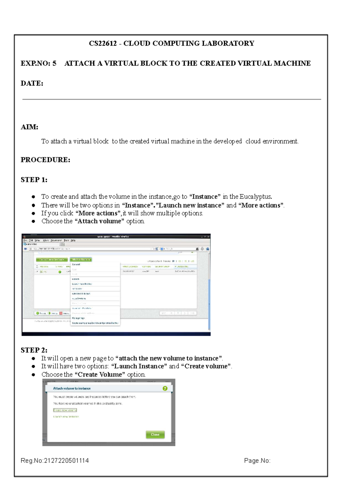 CS22612 Cloud Computing Lab: Attaching a Virtual Block to VM - Studocu