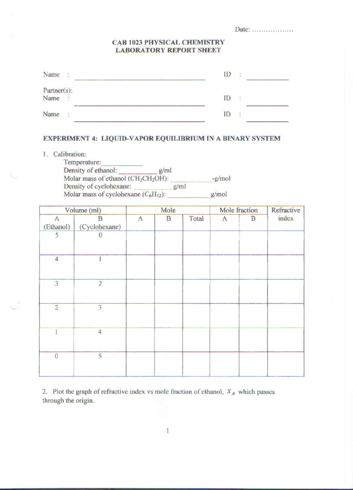 EXP 4: Equilibrium in a Binary System - CAB 1023 Lab Report - Studocu