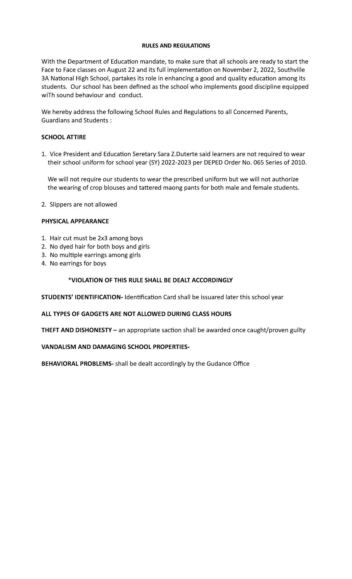 School Rules And Regulations Deped