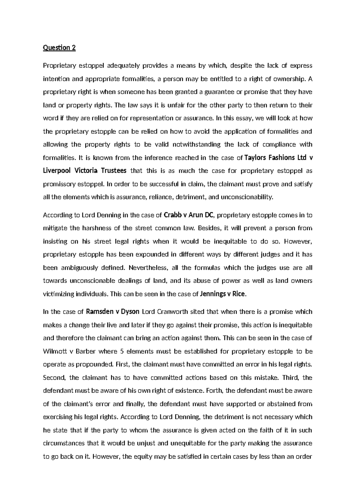 LA201 LAND LAW 157 - Proprietary Estoppel Analysis and Case Study - Studocu