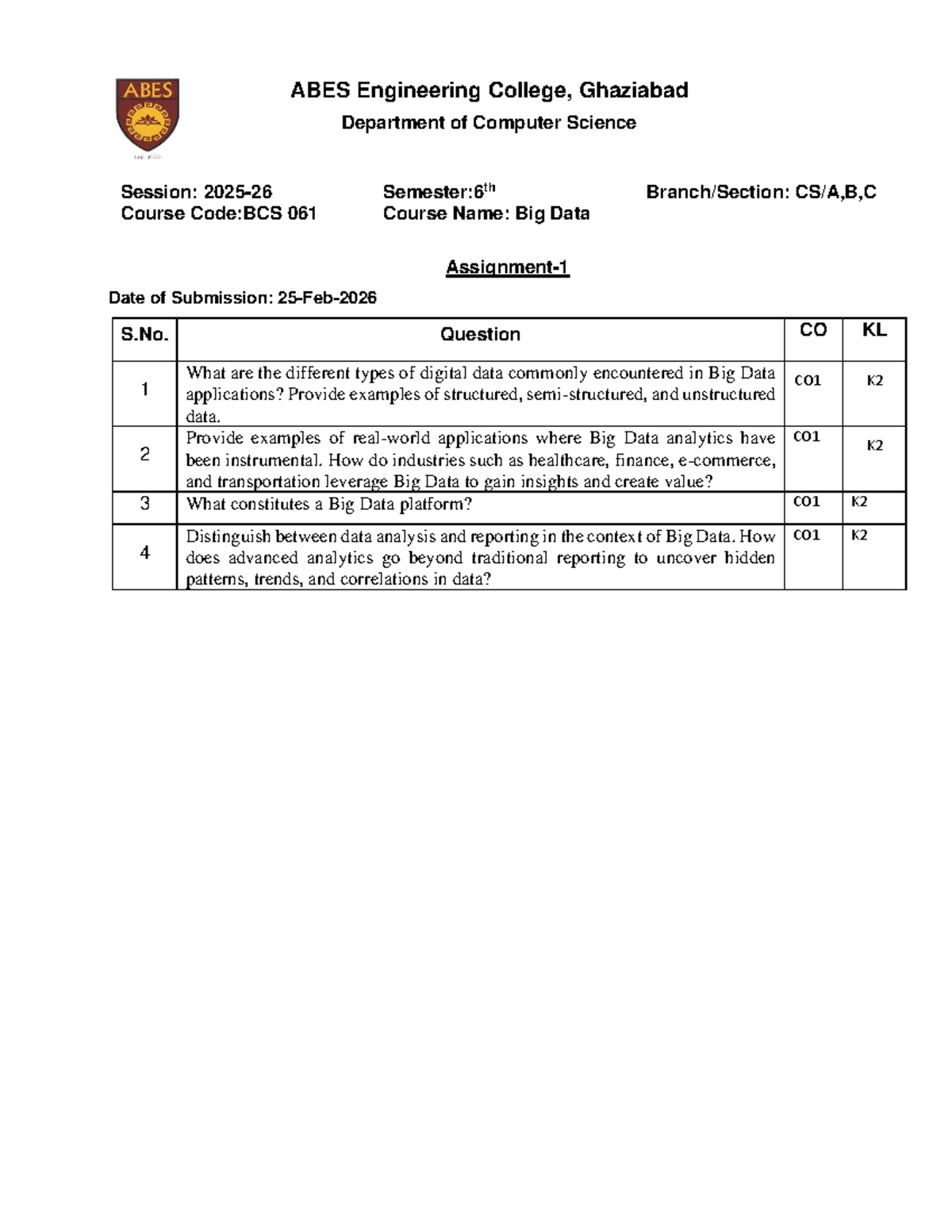 Big Data Assignment - BCS 061 - 6th Semester Insights and Applications ...