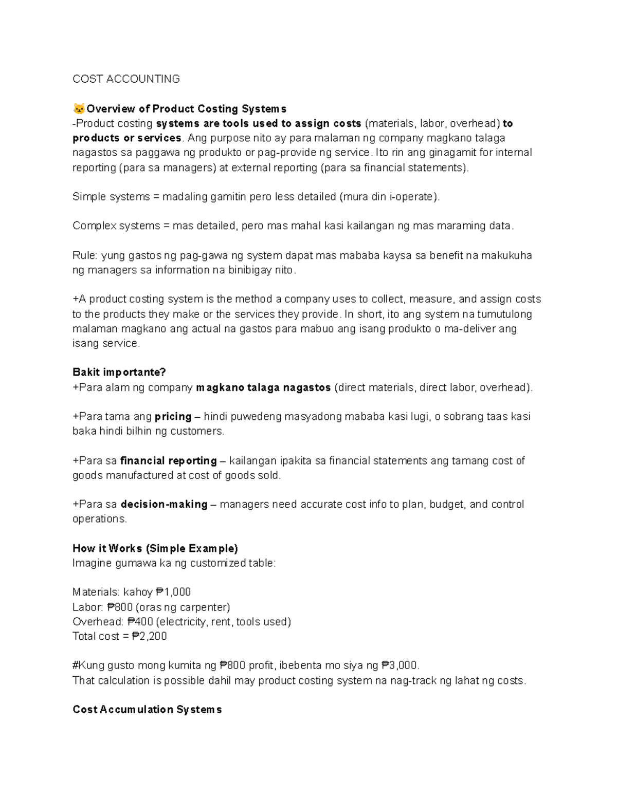 COST ACCOUNTING: Overview of Product Costing Systems and Job Order ...