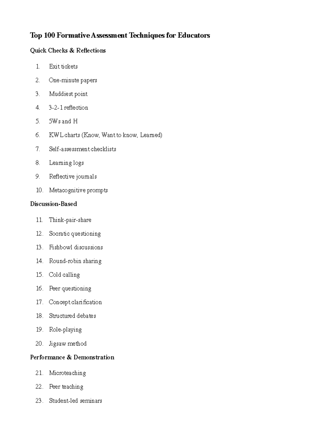 Top 100 Formative Assessment Techniques for Educators - Studocu