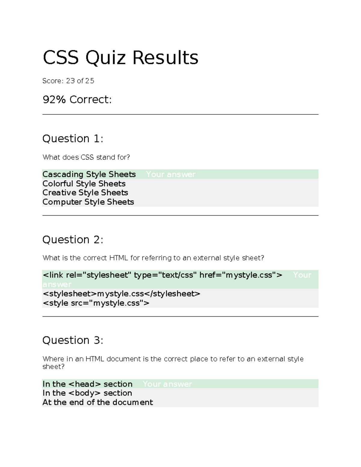 CSS Quiz Results: Scoring and Correct Answers Breakdown - Studocu