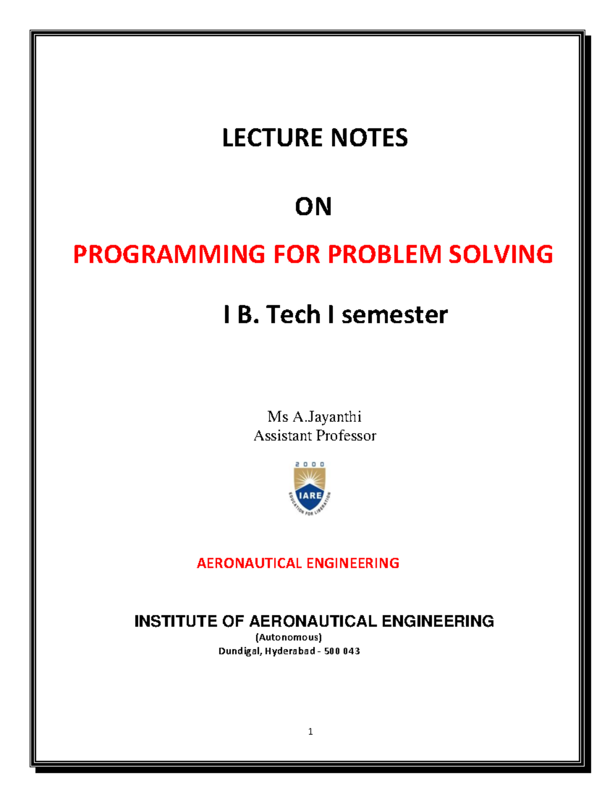 CSE101: Programming for Problem Solving - Lecture Notes and Concepts ...