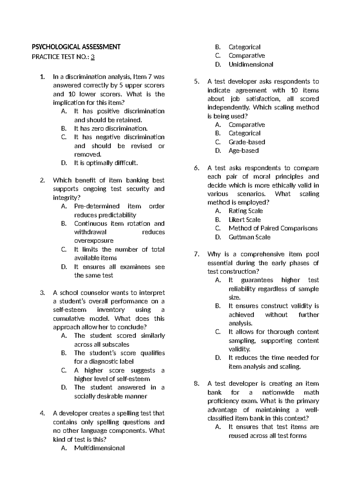 PSY 301 Psychological Assessment Practice Test 3 with Answers - Studocu