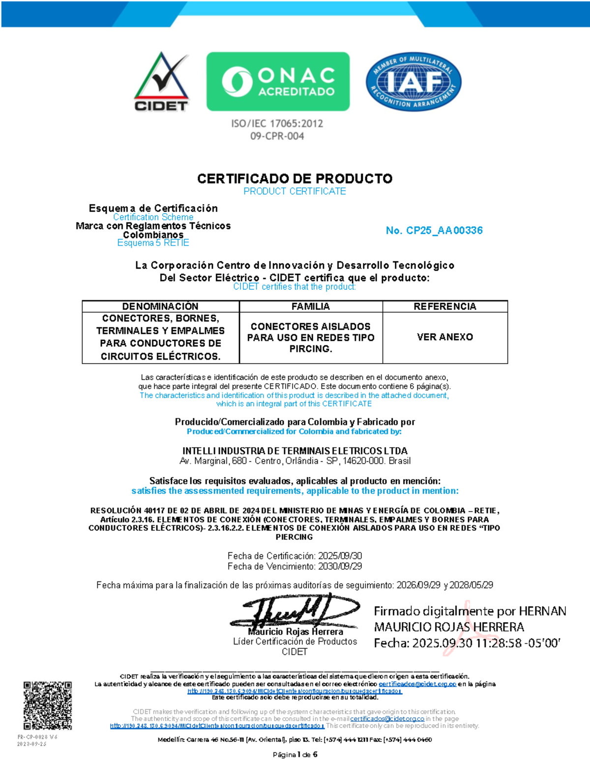 Certificado de Producto CP25 AA00336 - Conectores y Bornes RETIE - Document Preview