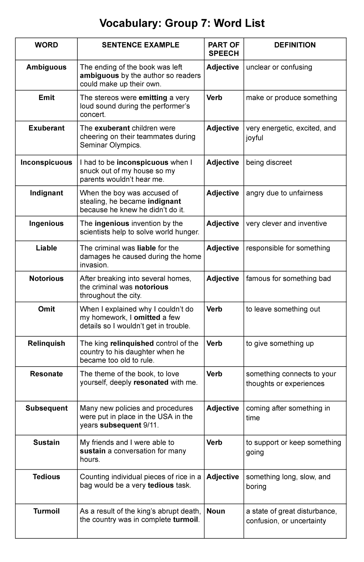 Vocabulary Group 7: Word List and Definitions - Studocu