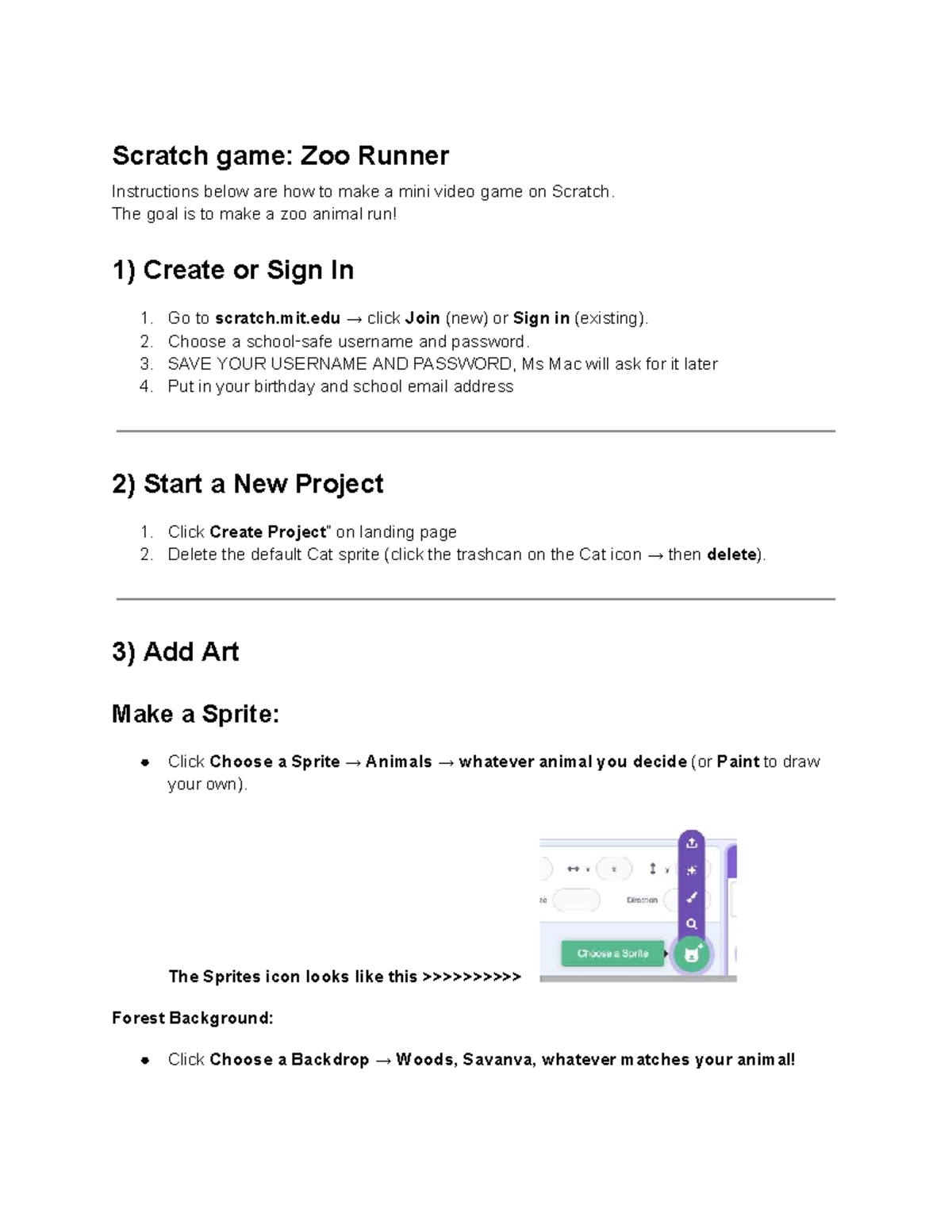 Scratch (CS101) Mini Video Game Tutorial: Zoo Runner Instructions - Studocu
