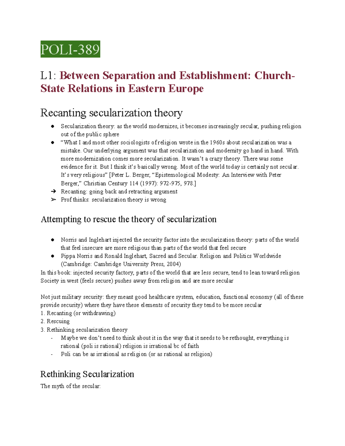 POLI-389: Rethinking Church-State Relations and Secularization Theory ...